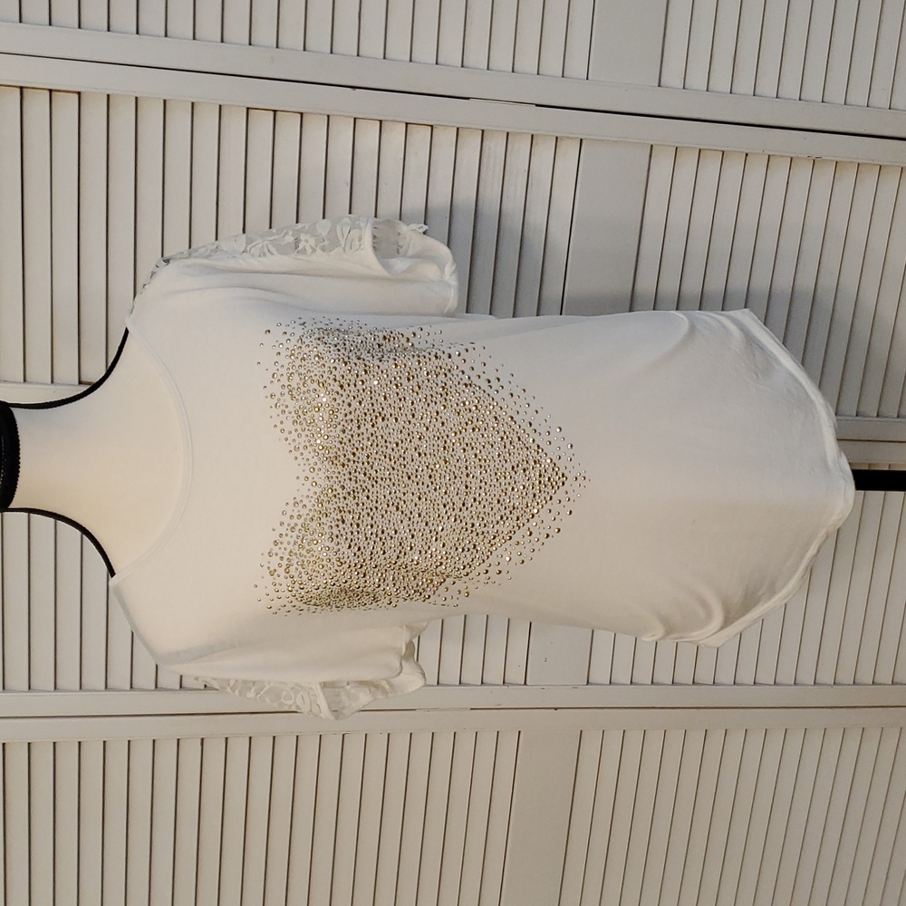 Cream Gold Heart Embellished Top with Lace Sleeves and Back, Italy, Size Large - Picture 4 of 9